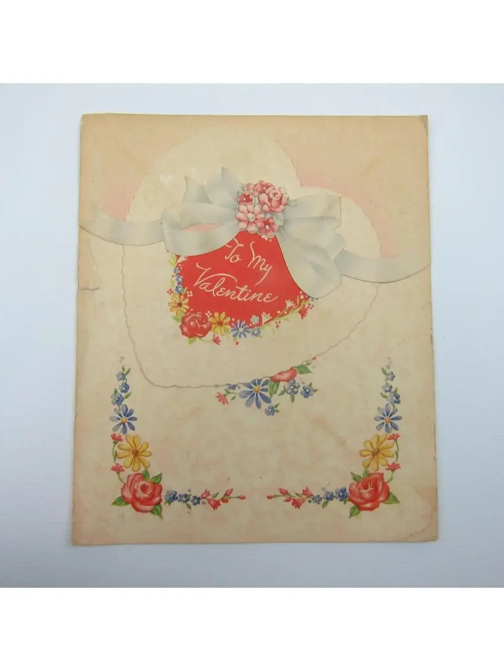 Vintage Valentine Card Flowers Blue Yellow Red Heart Ribbon Fold Golden Bell